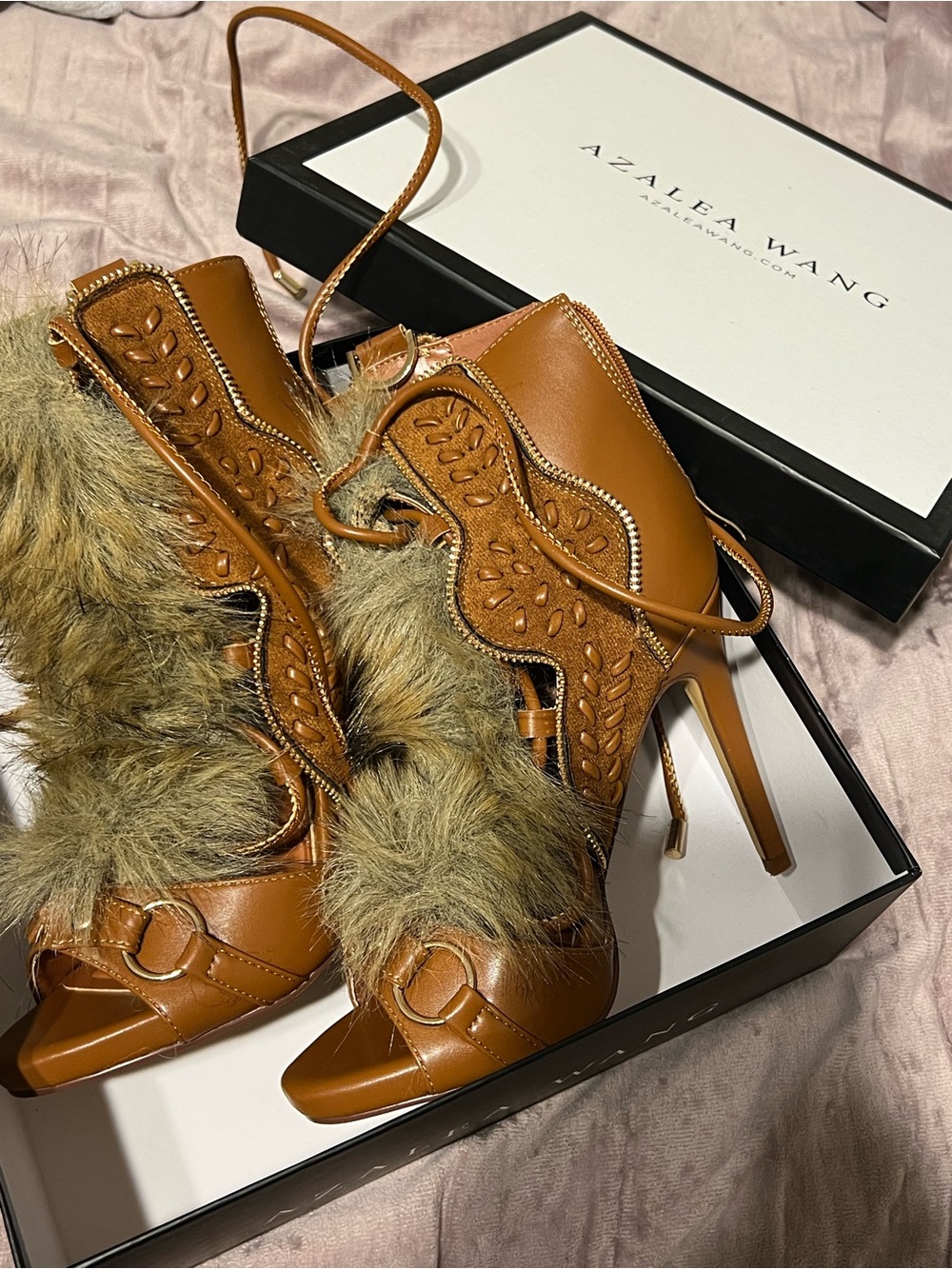 Azalea Wang Tan Fur-Trim Lace-Up High Heel Sandals